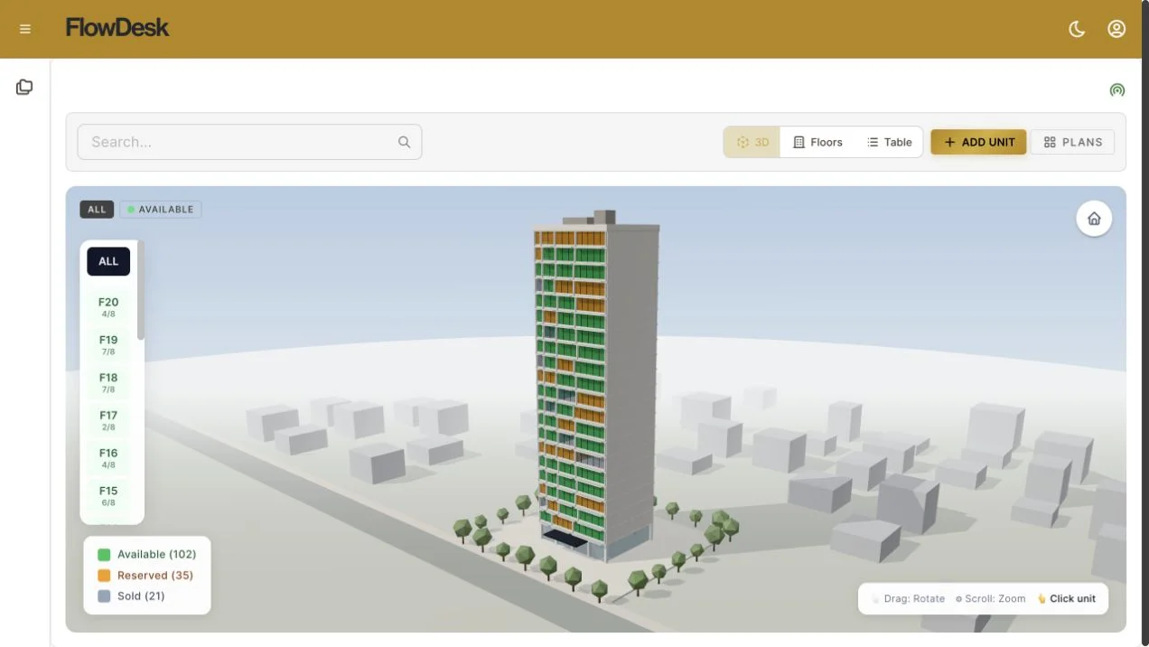 Flowdesk public demo showing 3D inventory with available, reserved, and sold units